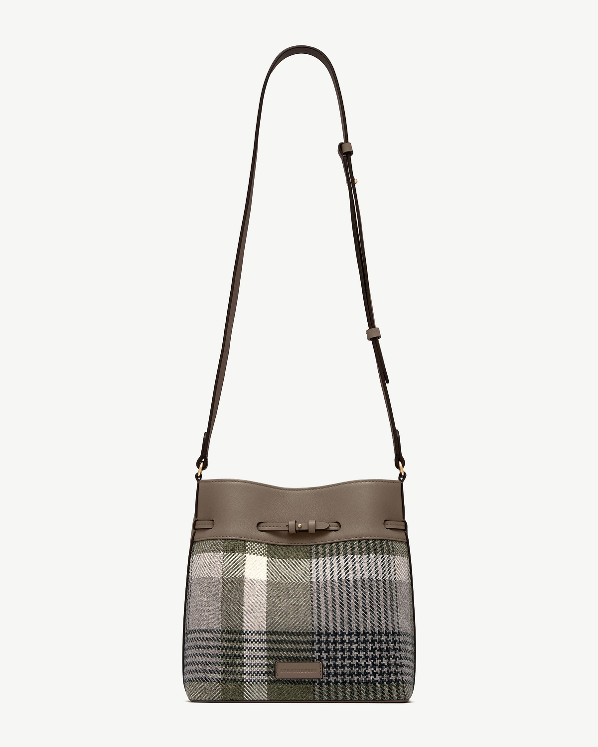Strathberry Corda bucket bag in tartan taupe with taupe leather trim and adjustable strap.