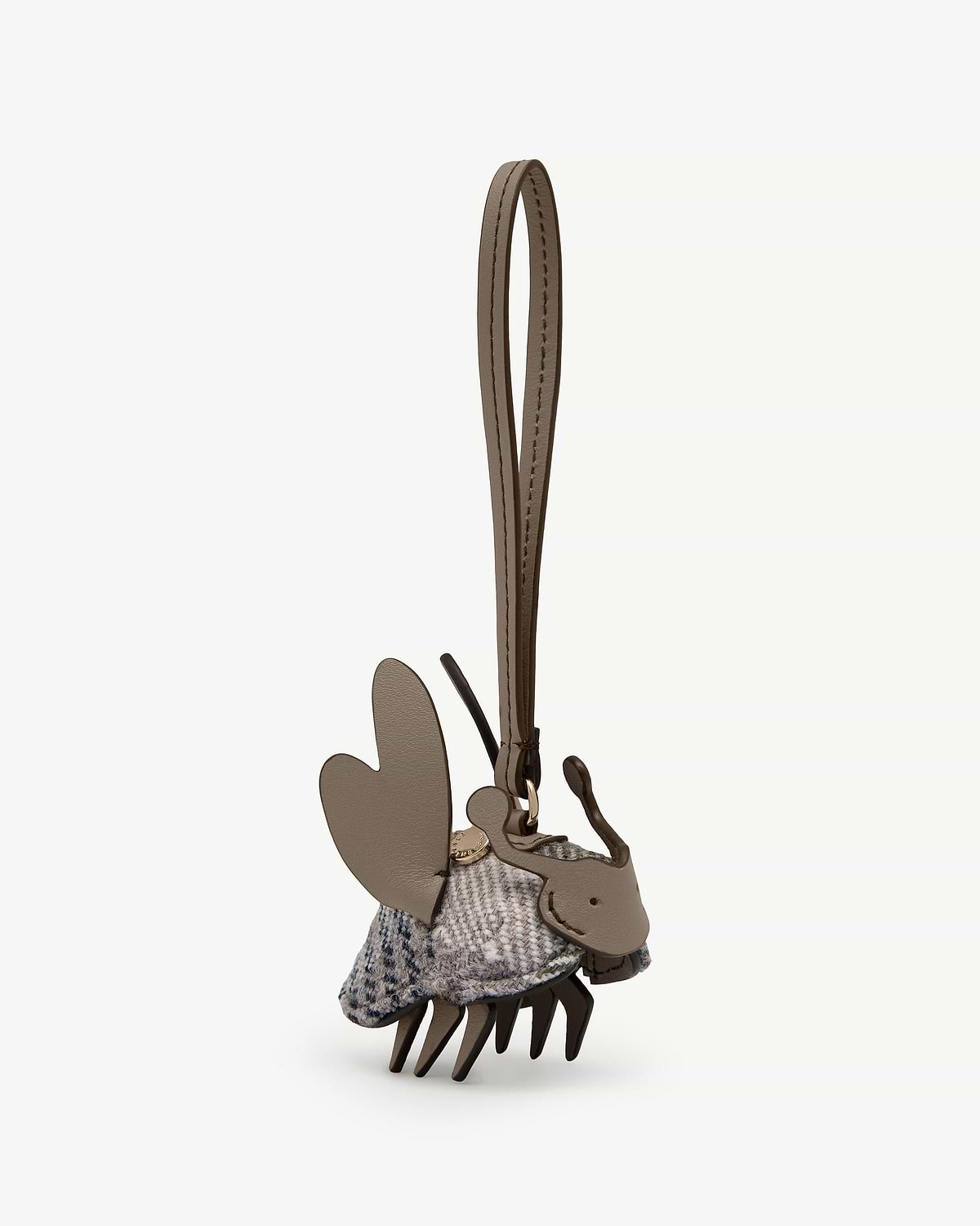 Strathberry leather and tartan tweed bag charm with hanging strap.