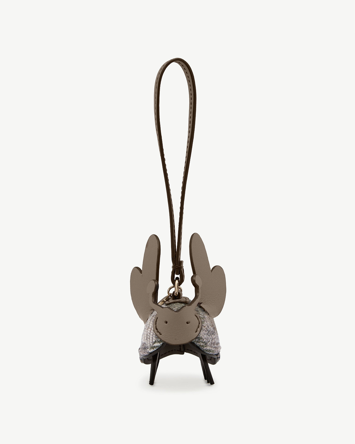 Tweed and leather reindeer bag charm with long stitched leather loop strap.