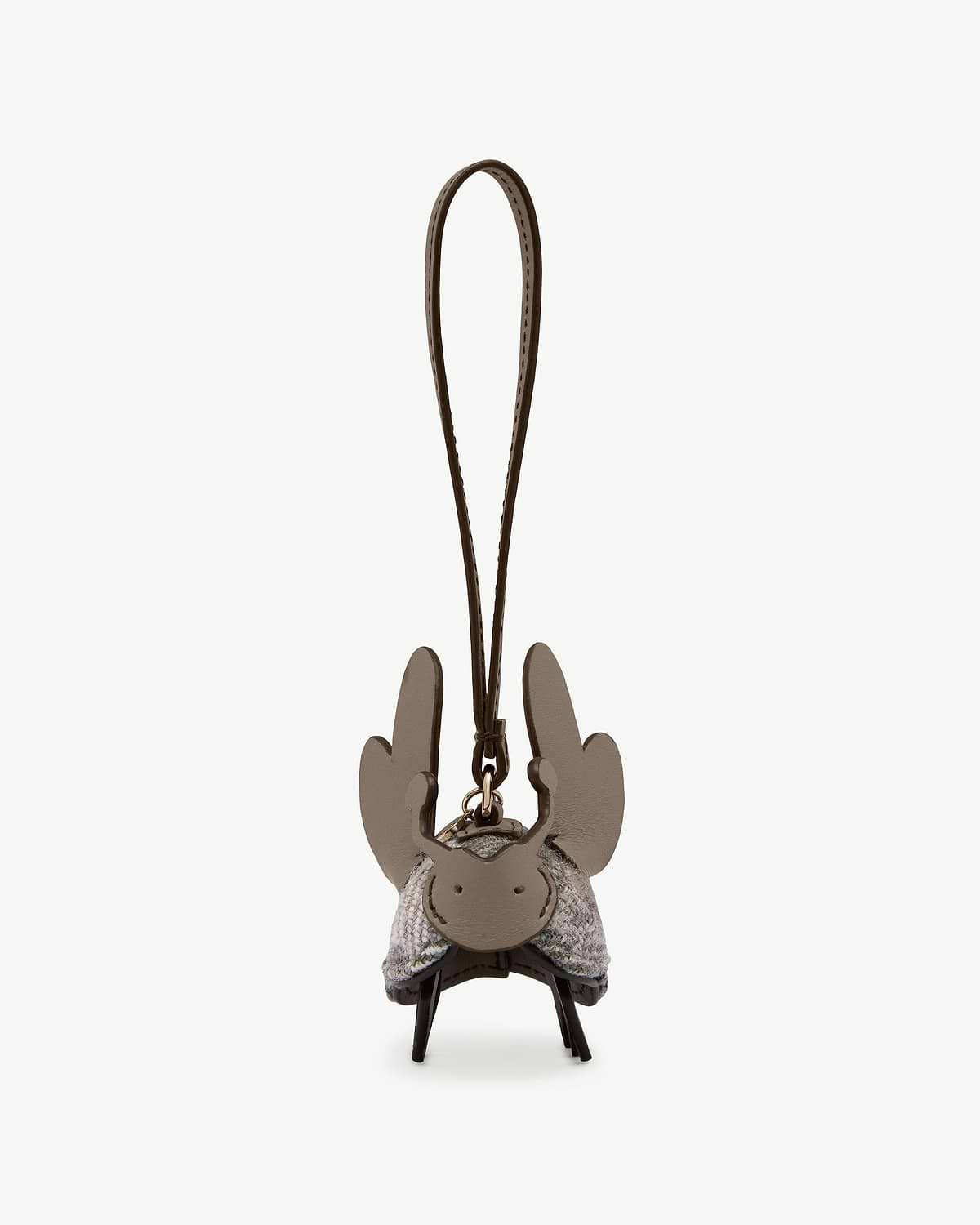 Tweed and leather reindeer bag charm with long stitched leather loop strap.
