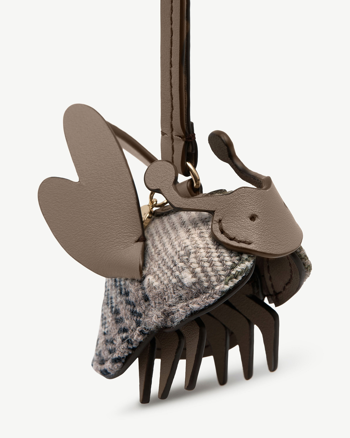 Tartan tweed and taupe leather bee shaped bag charm with strap and fringe