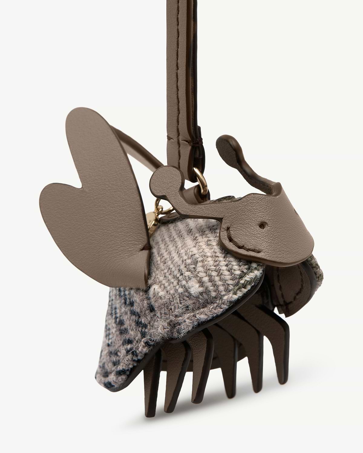 Tartan tweed and taupe leather bee shaped bag charm with strap and fringe