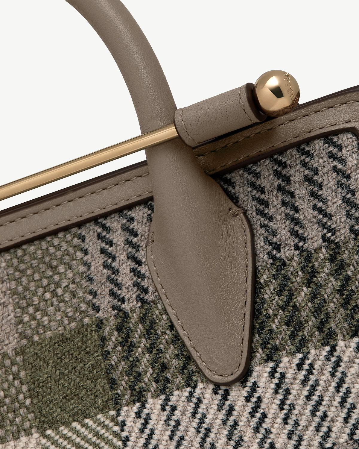 Strathberry mini tote taupe leather handle, gold bar and tartan woven fabric