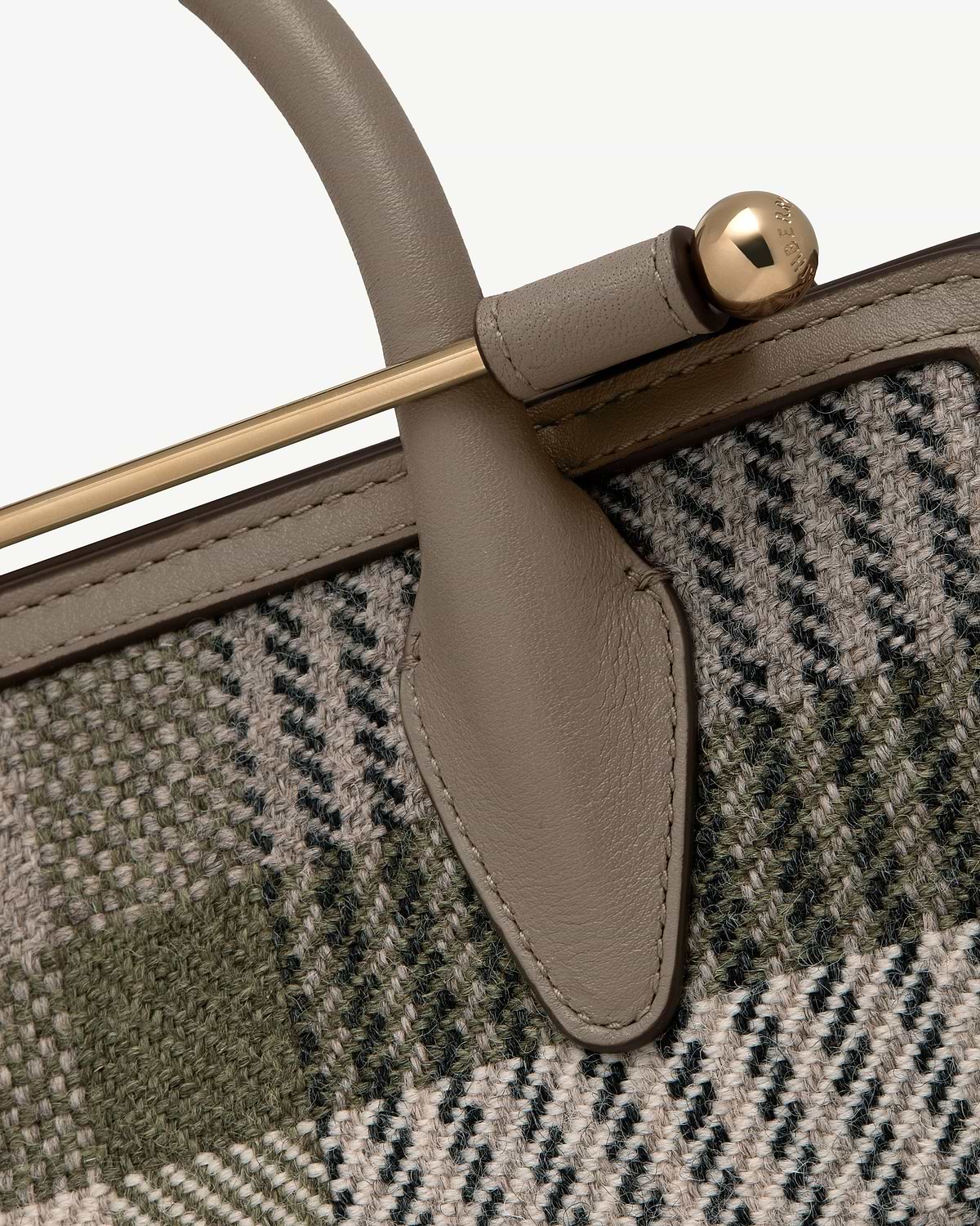 Strathberry mini tote taupe leather handle, gold bar and tartan woven fabric