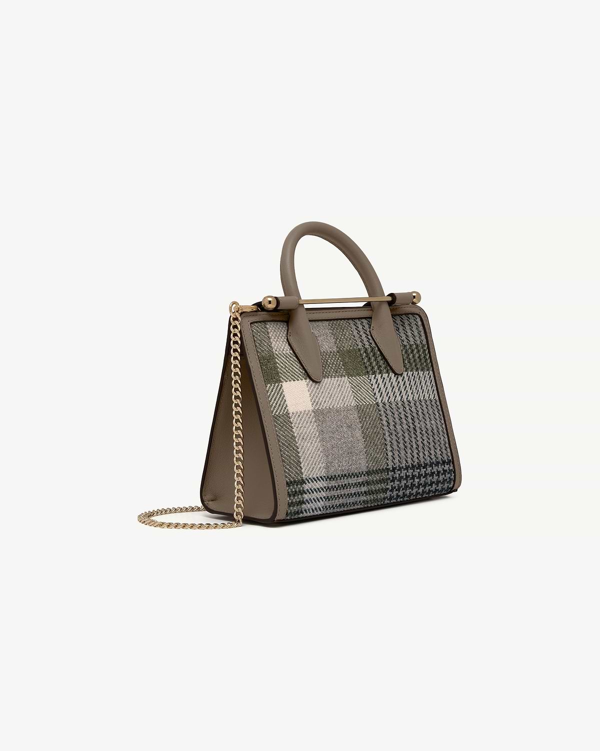 Mini tote with taupe leather trim, green tartan panels and gold chain strap.
