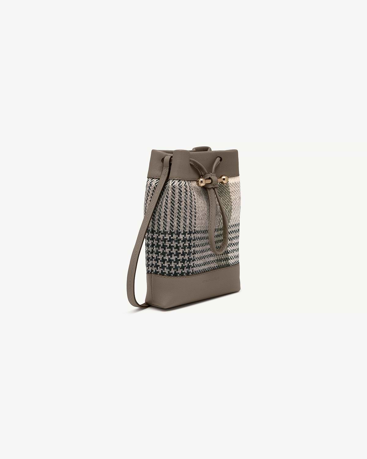 Strathberry Osette midi pouch in tartan taupe with drawstring and leather base