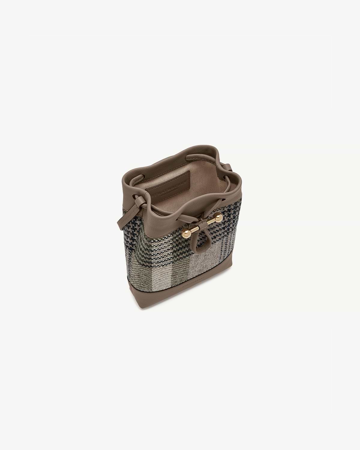 Top view of Strathberry Osette midi pouch in tartan taupe with gold hardware.