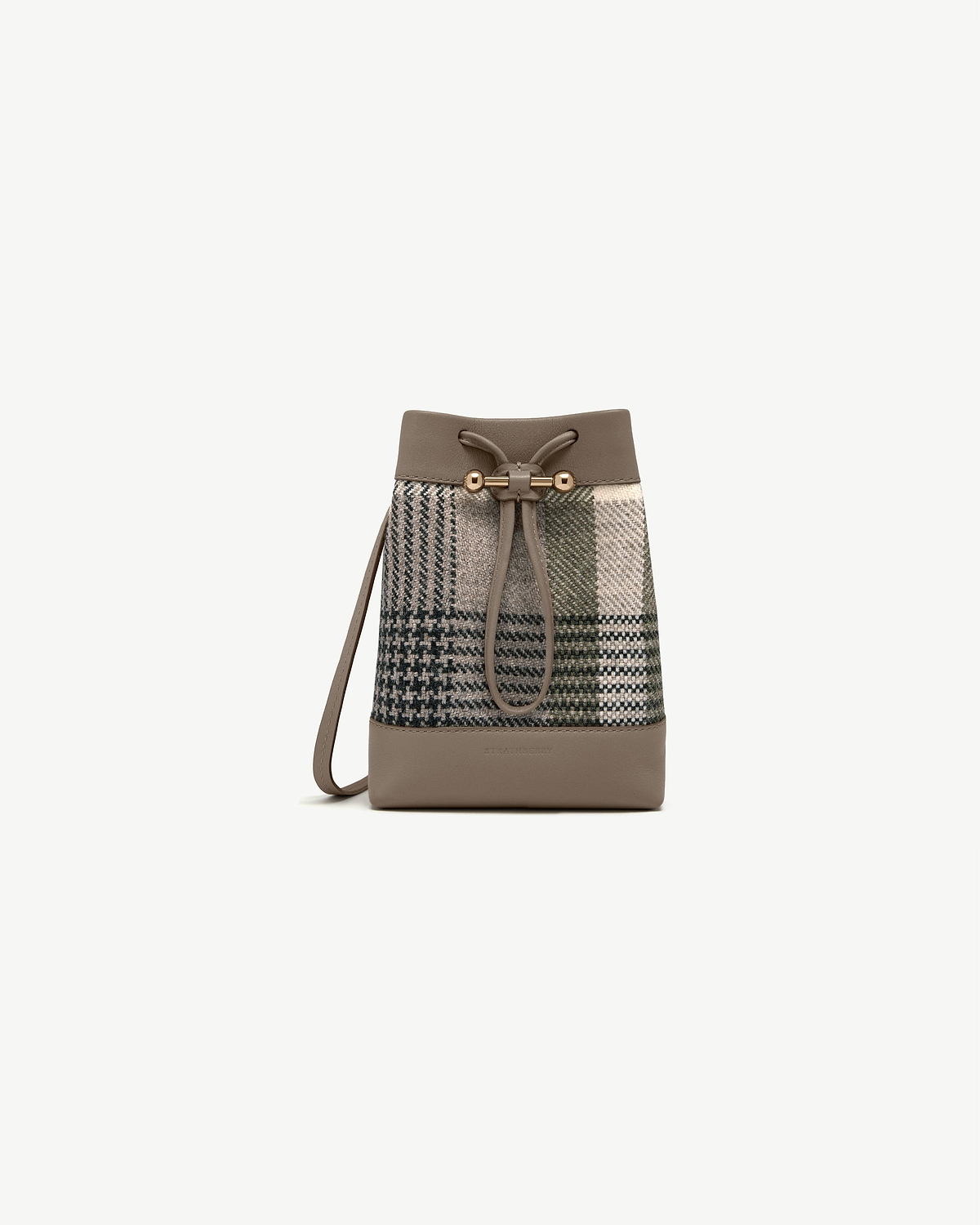 Strathberry tartan taupe drawstring midi pouch with leather base and gold fittings