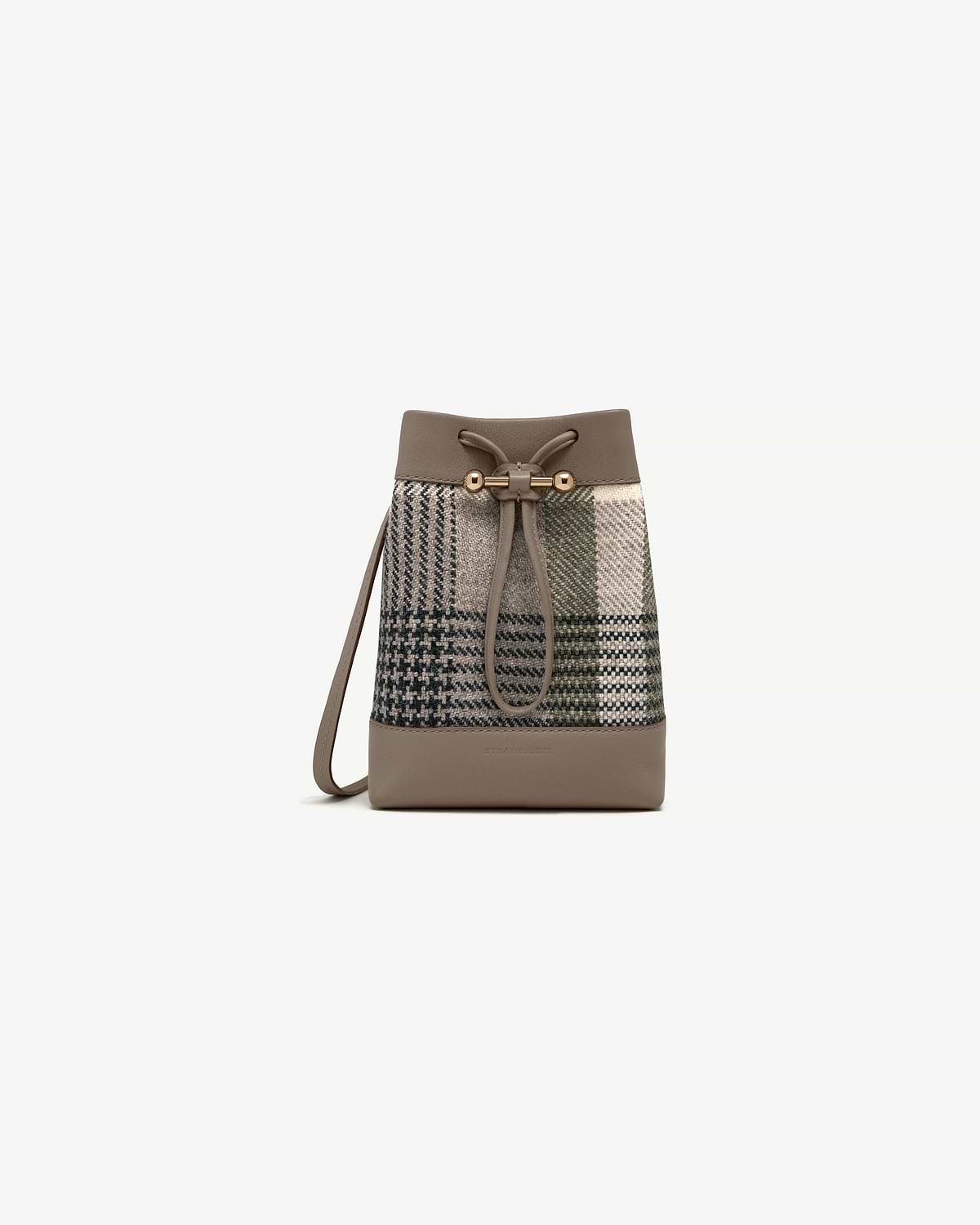 Strathberry tartan taupe drawstring midi pouch with leather base and gold fittings