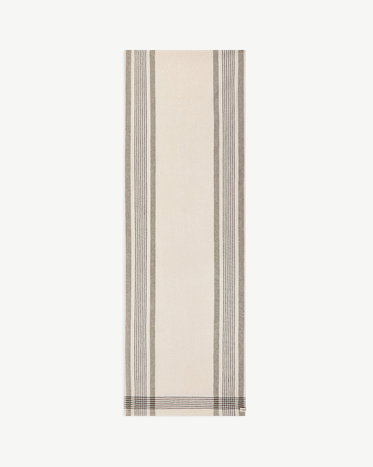 Cream cotton-linen table runner with brown tartan vertical stripe pattern.