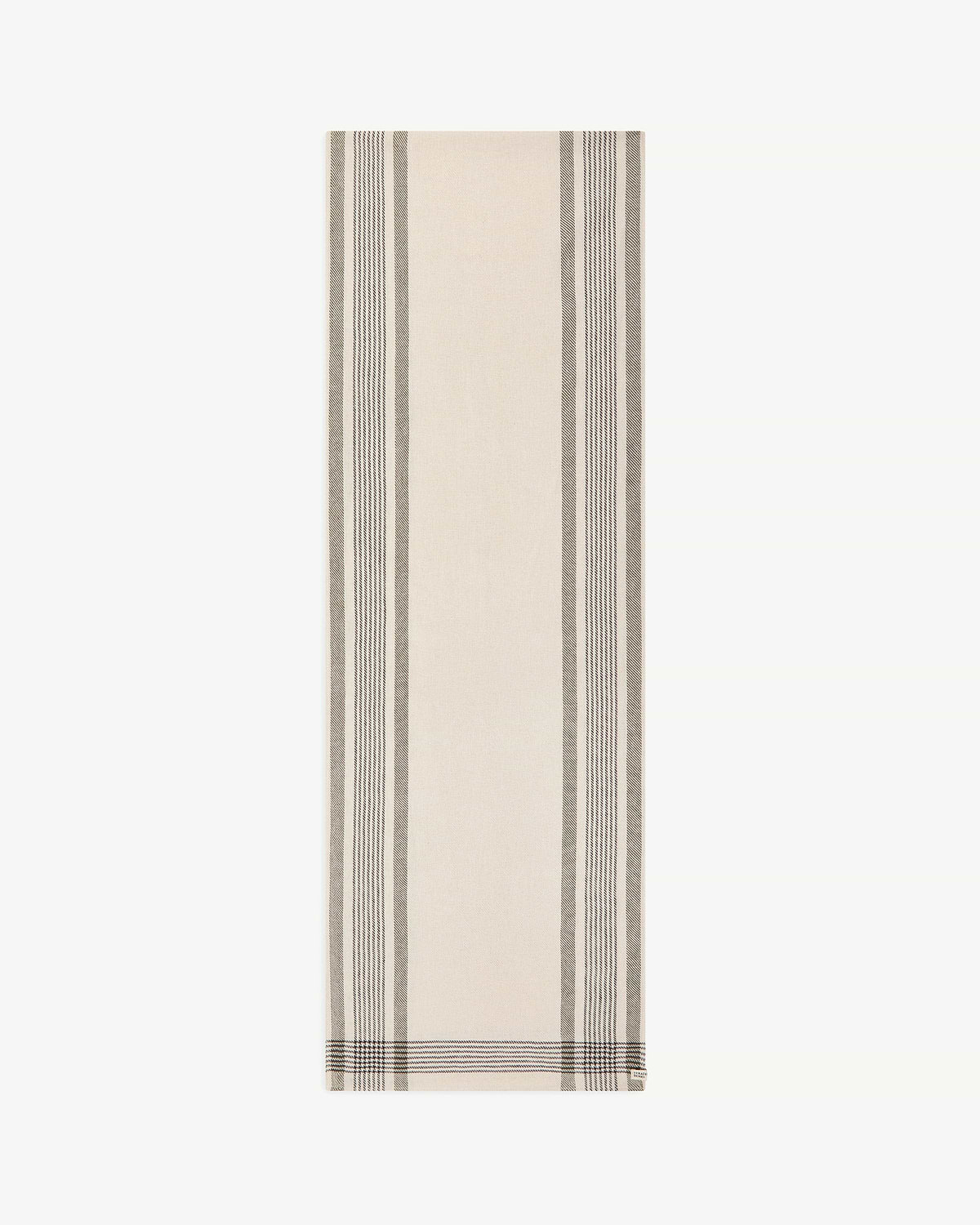 Cream cotton-linen table runner with brown tartan vertical stripe pattern.