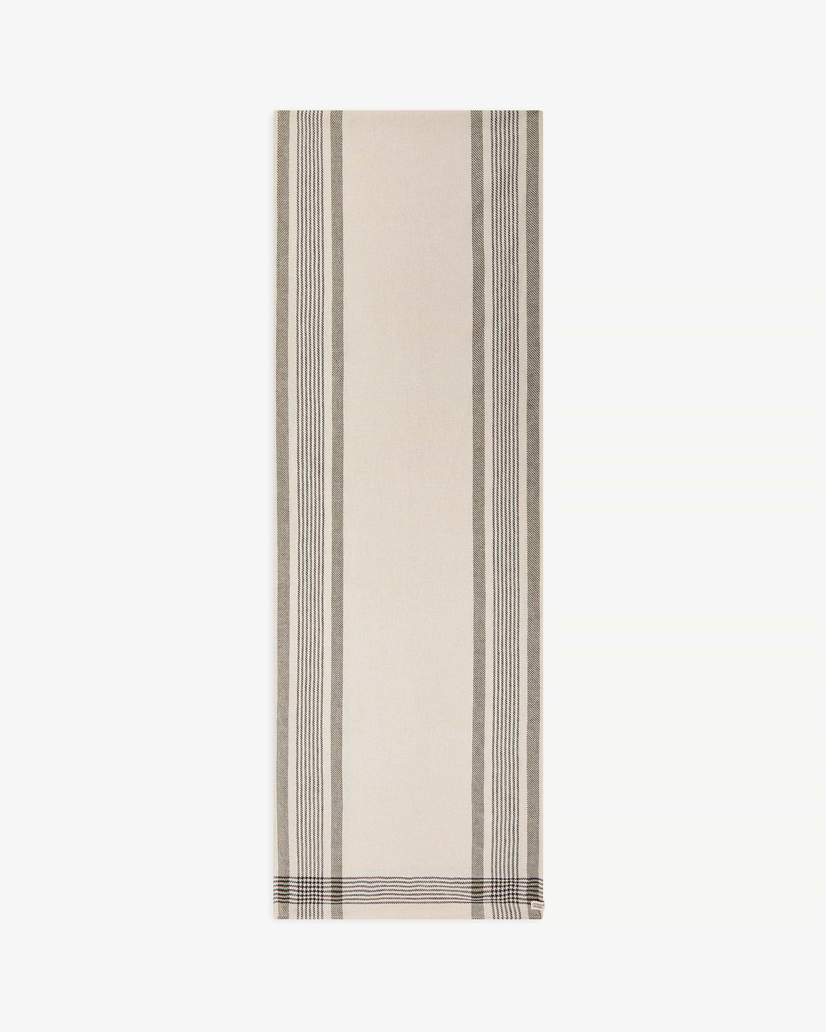 Strathberry tartan cotton linen table runner in beige with grey striped pattern