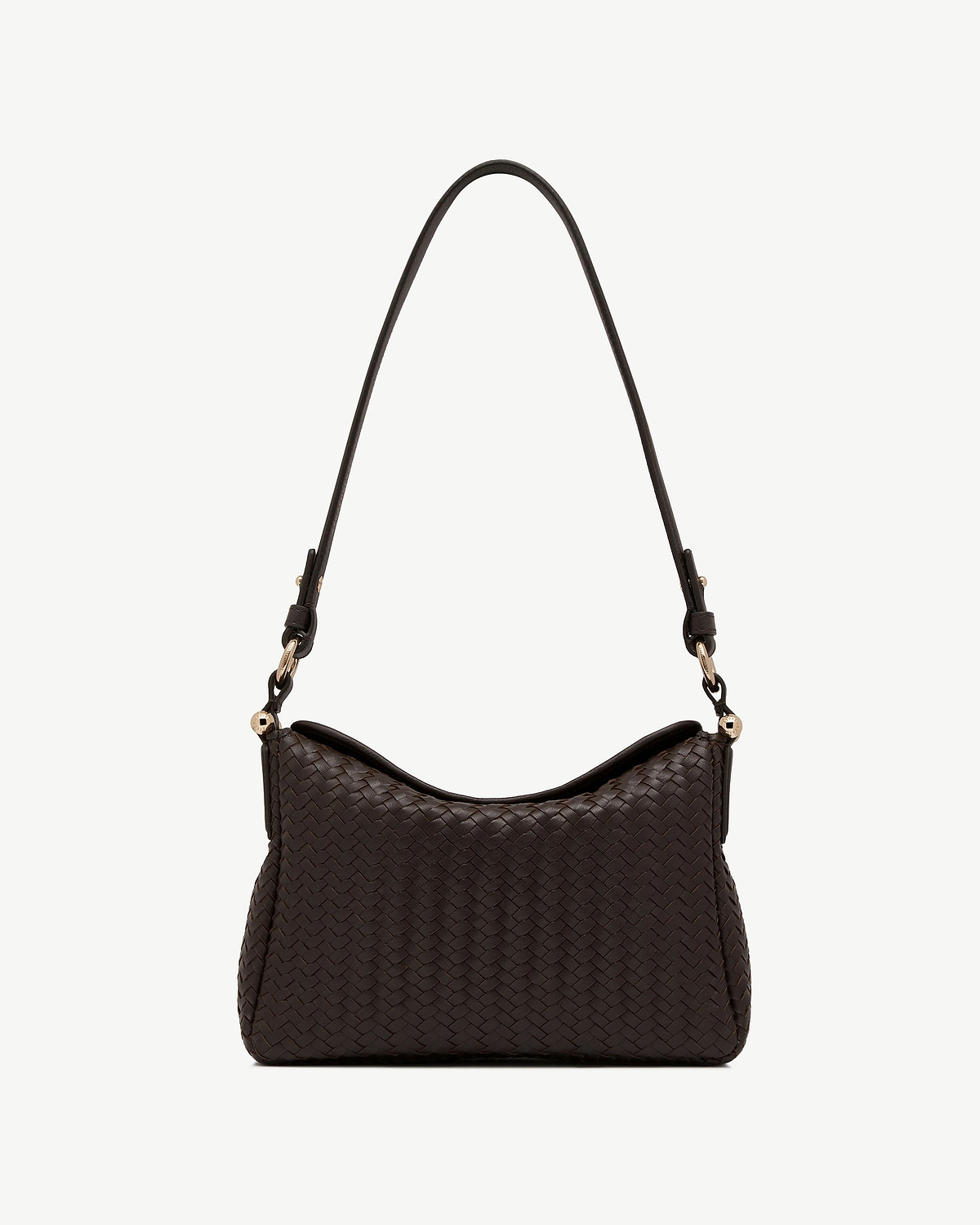 Chocolate woven leather shoulder bag with single shoulder strap and gold hardware