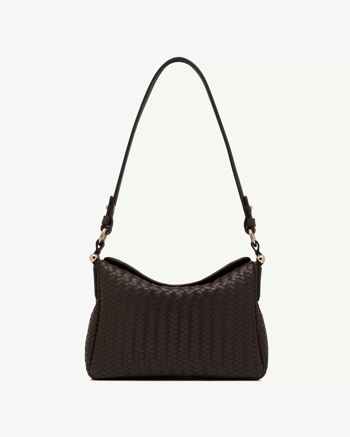 Chocolate woven leather shoulder bag with single shoulder strap and gold hardware