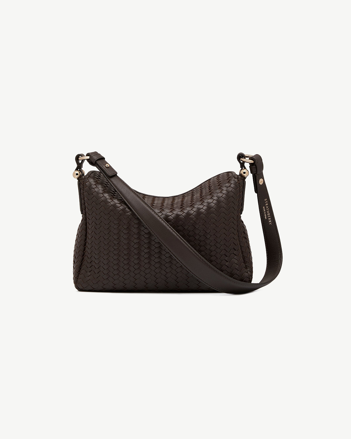 Strathberry Sway hobo bag in chocolate woven leather with adjustable shoulder strap