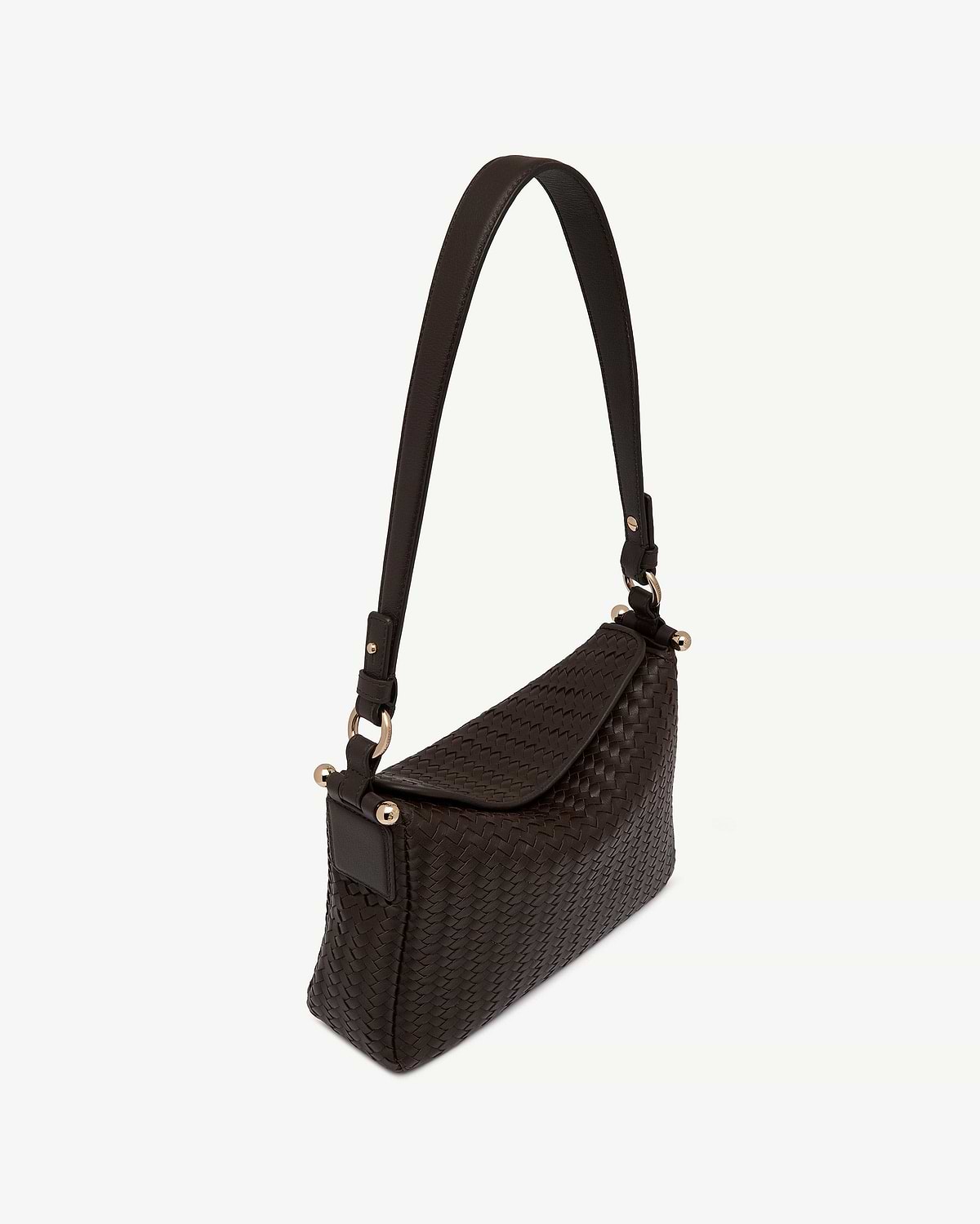 Sway shoulder bag in chocolate woven leather with gold hardware.