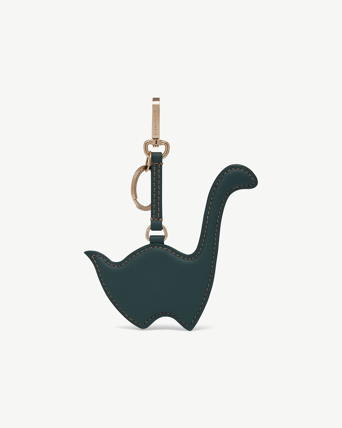 Strathberry bottle green leather Nessie bag charm with gold hardware and contrast stitching