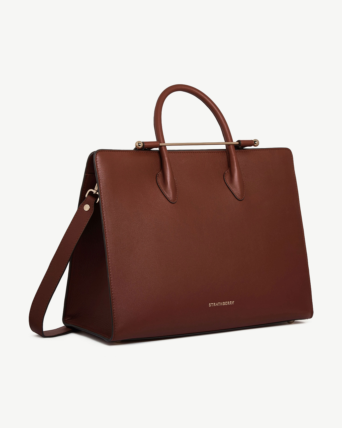 Walnut leather tote with top handles, shoulder strap, gold bar detail, Strathberry logo