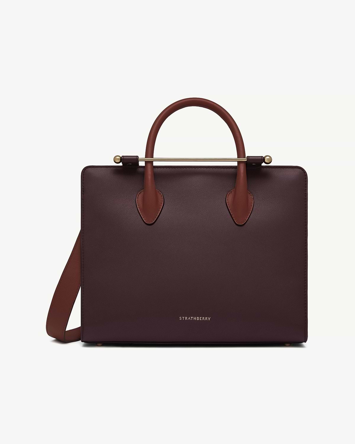 Burgundy, walnut and chestnut midi tote with top handles, shoulder strap and Strathberry logo.