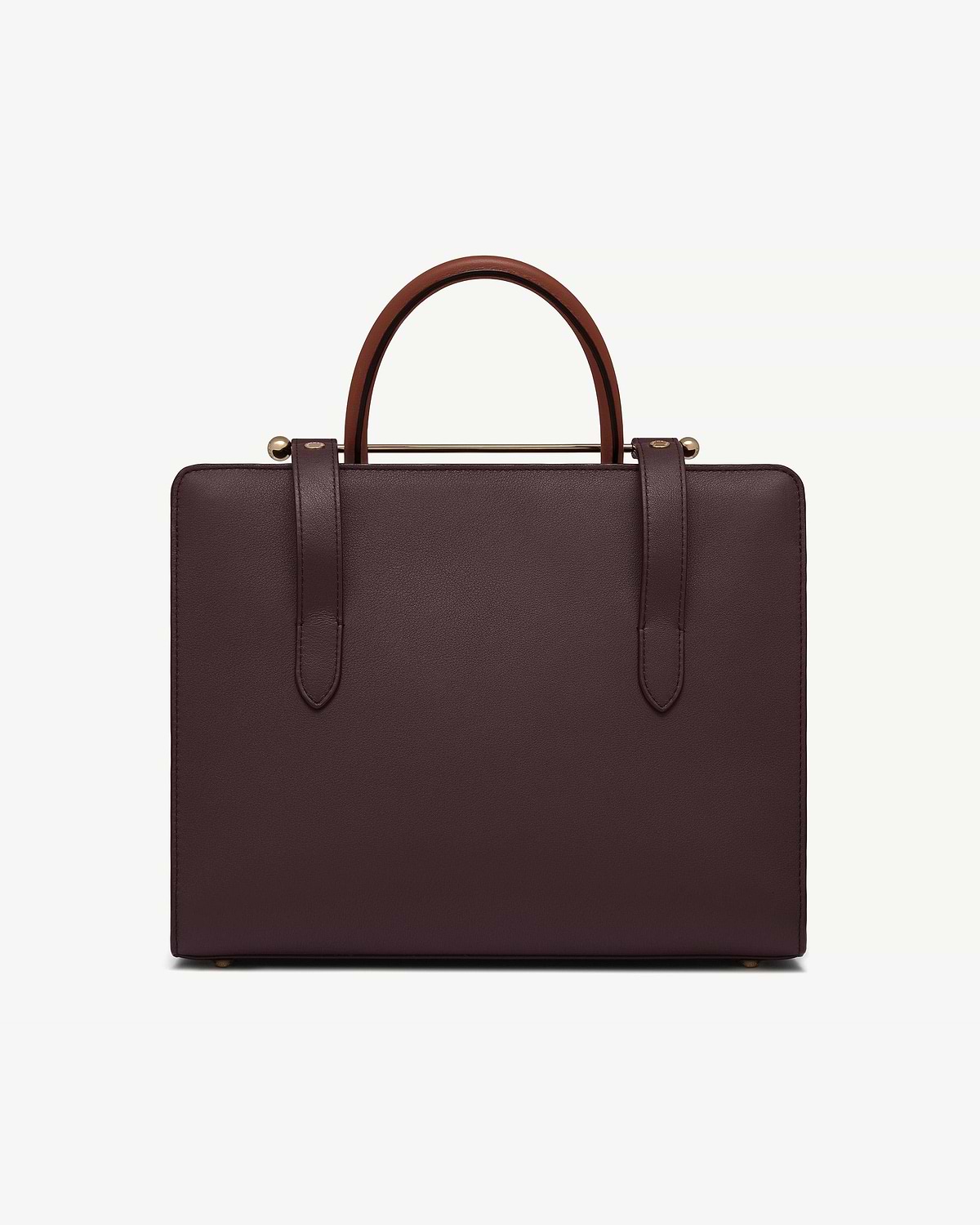Burgundy, walnut and chestnut midi tote with double handles and gold bar detail.