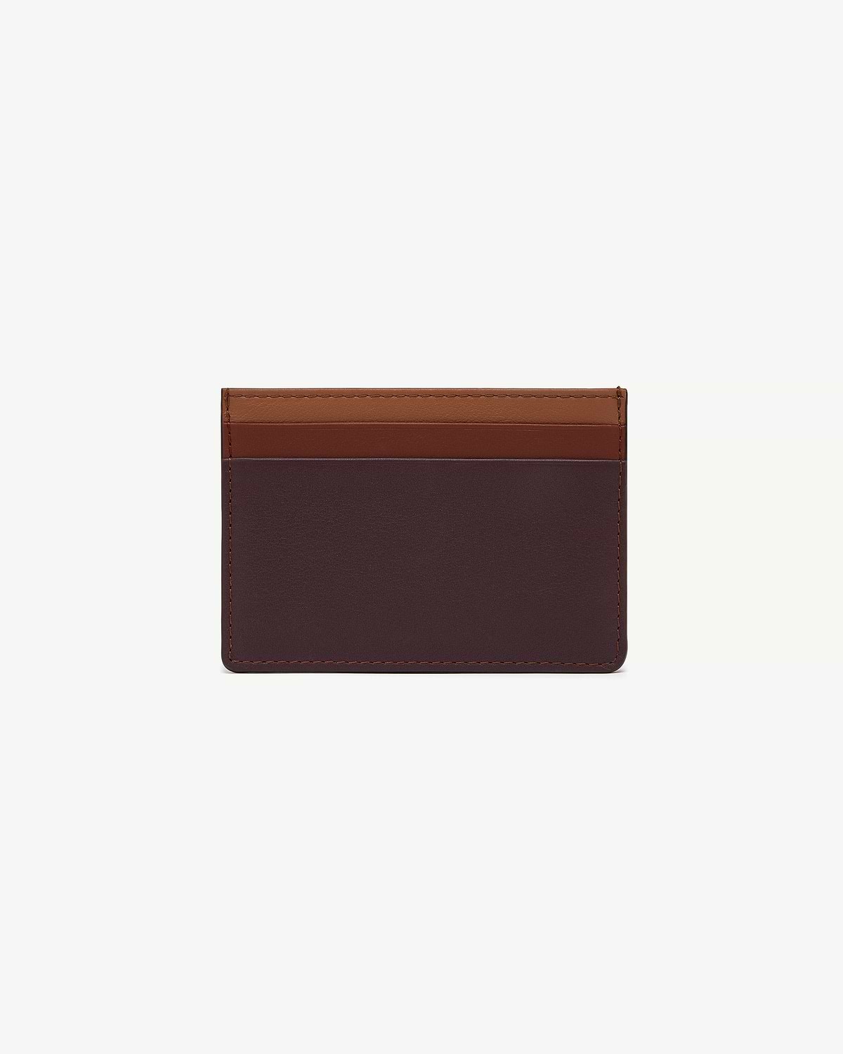 Burgundy cardholder with walnut and chestnut top card slots on white background
