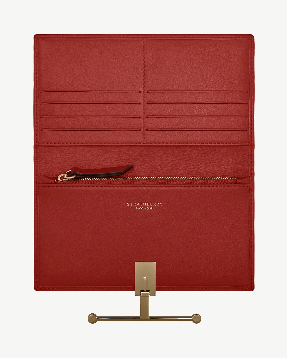 Strathberry large Melville Street wallet in Levanto red, card slots and zip pocket.