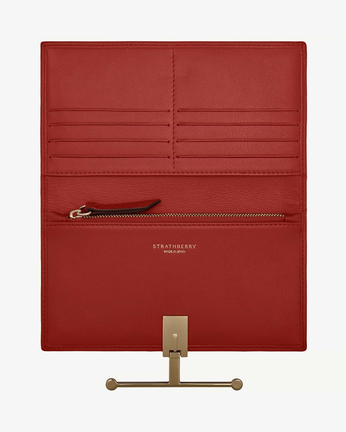 Strathberry large Melville Street wallet in Levanto red, card slots and zip pocket.