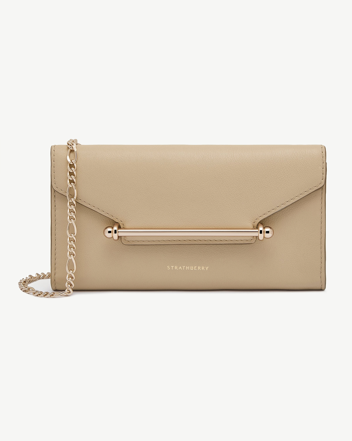 Sand chain wallet with gold bar hardware, chain strap and Strathberry logo