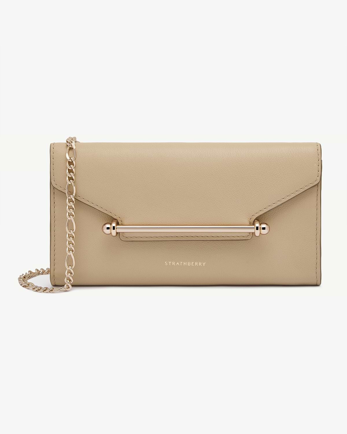 Sand chain wallet with gold bar hardware, chain strap and Strathberry logo