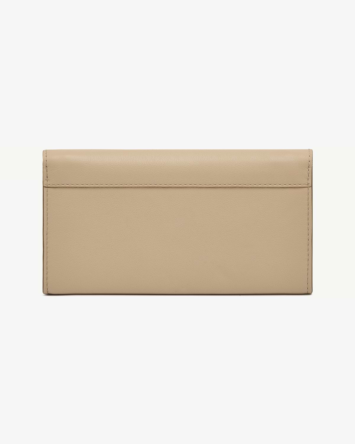 Sand leather wallet front panel showing top flap and edge stitching.