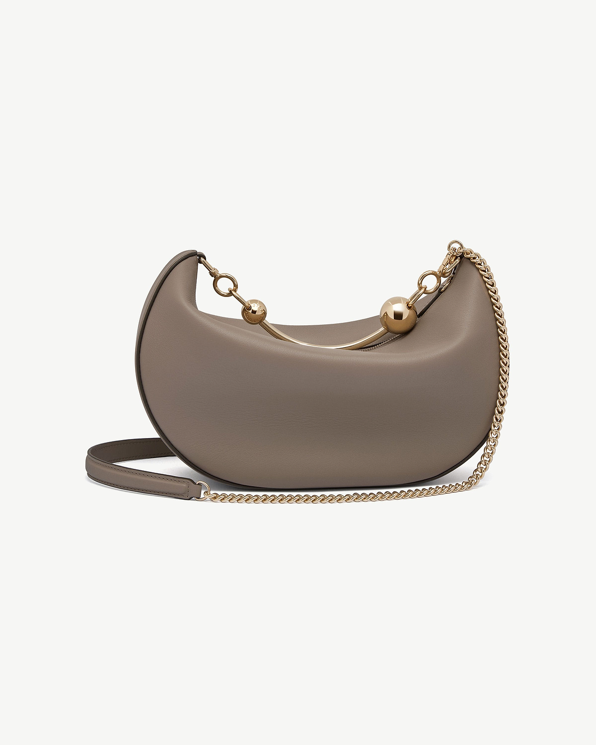 Taupe crescent moon leather shoulder bag with gold chain and ball hardware