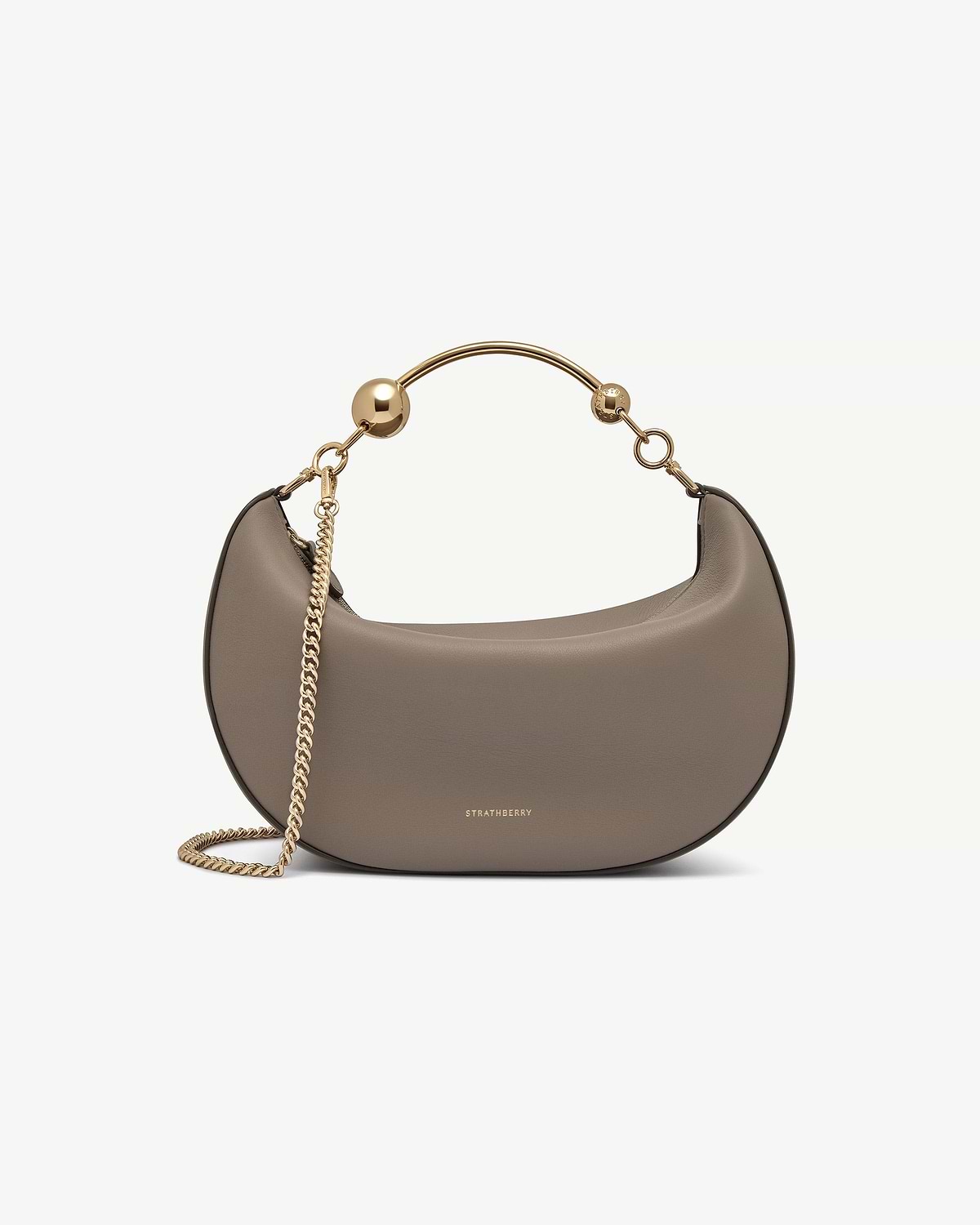 Taupe Crescent Moon shoulder bag with gold chain strap, Strathberry logo.