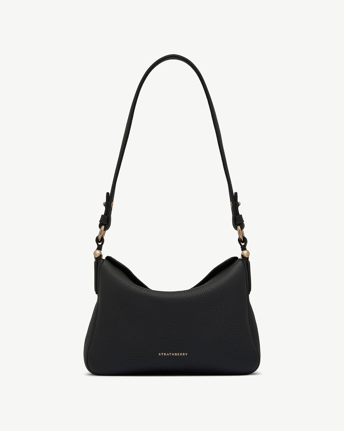 Strathberry Sway black leather shoulder bag with single strap, gold-tone hardware