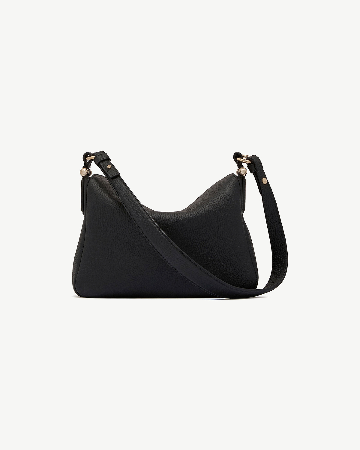 Black pebbled leather shoulder bag with curved top and adjustable strap.