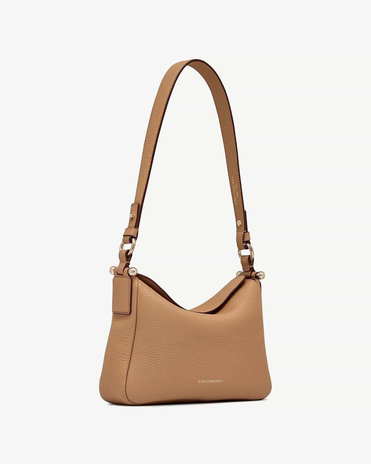 Caramel Sway leather shoulder bag with single strap, gold hardware, Strathberry logo.