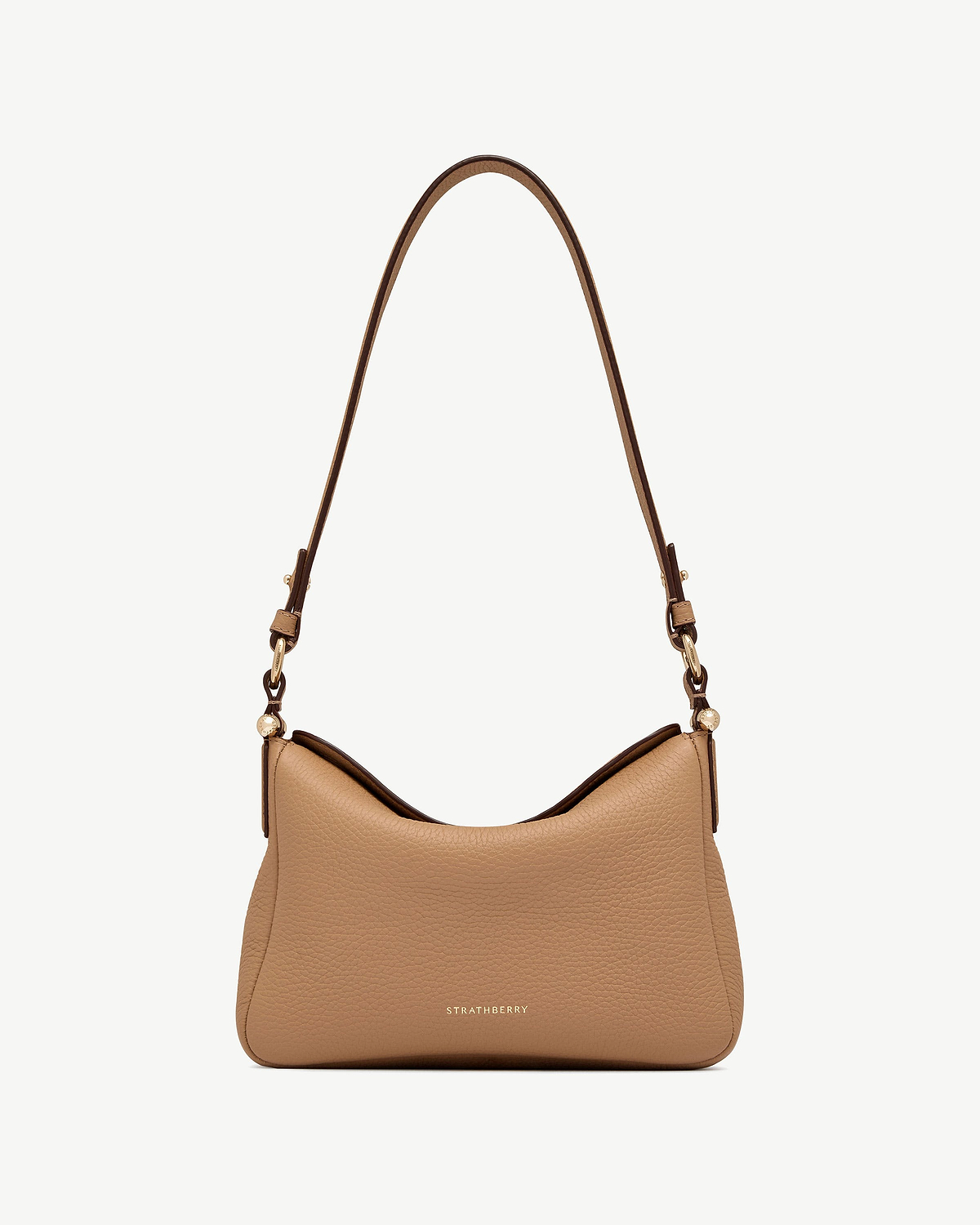 Caramel Sway shoulder bag in pebbled leather with Strathberry logo and strap