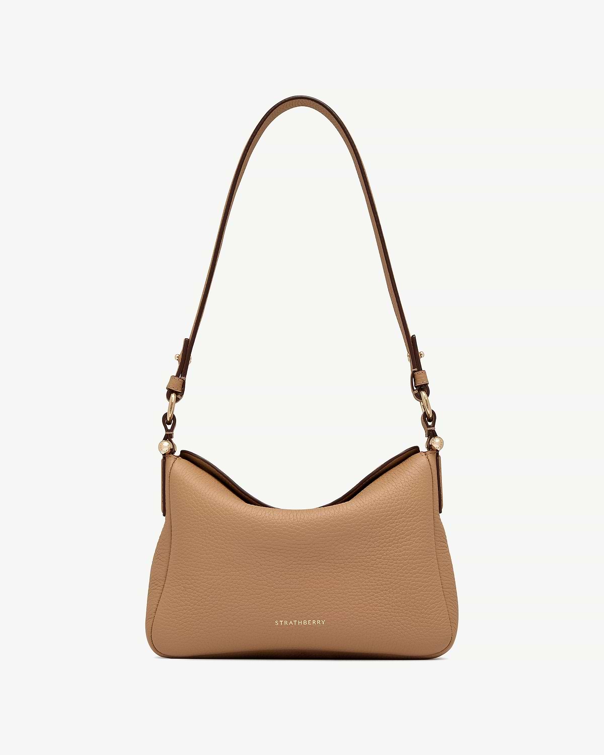 Caramel Sway shoulder bag in pebbled leather with Strathberry logo and strap
