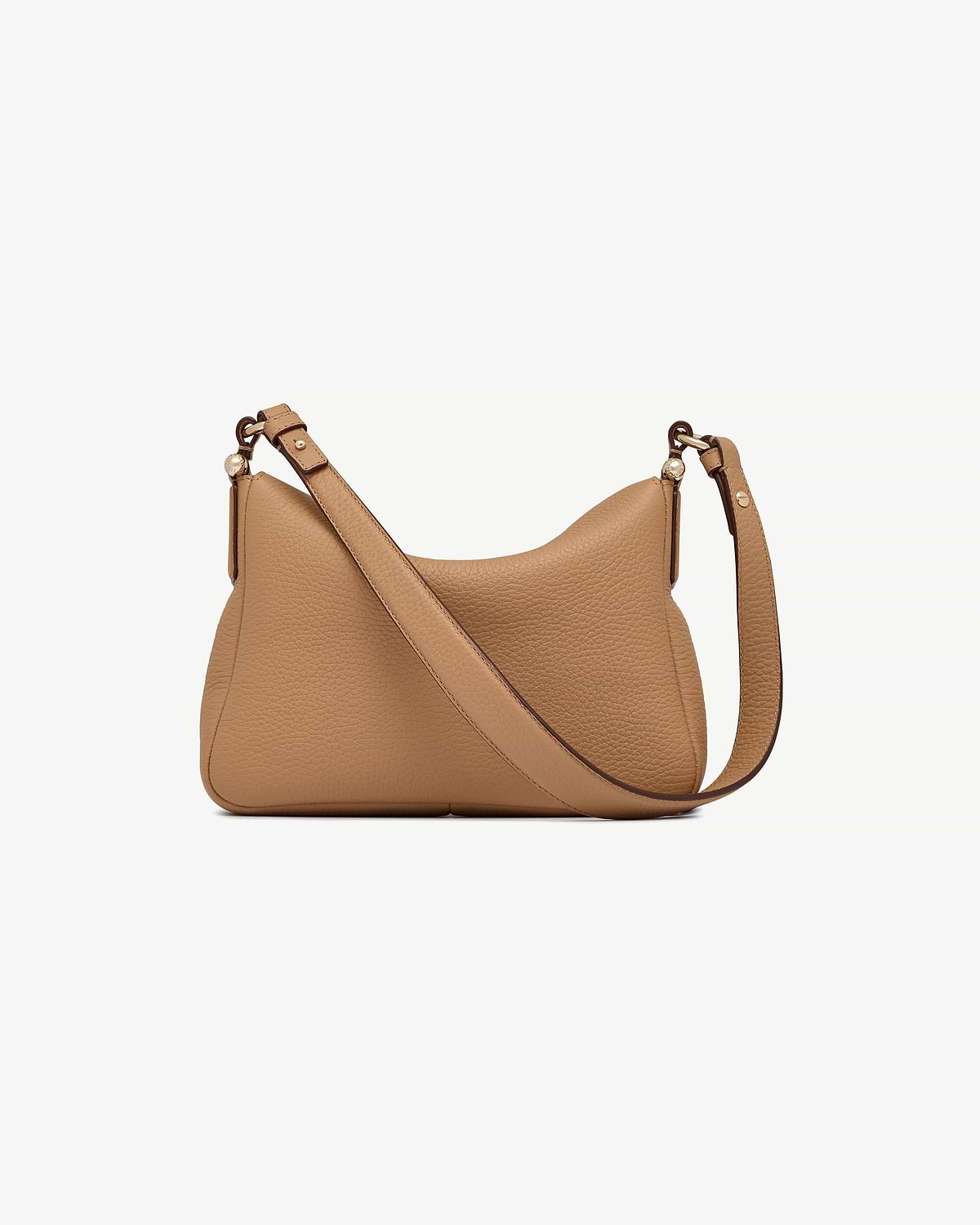 Caramel leather shoulder bag with pebbled texture and adjustable strap, gold hardware.