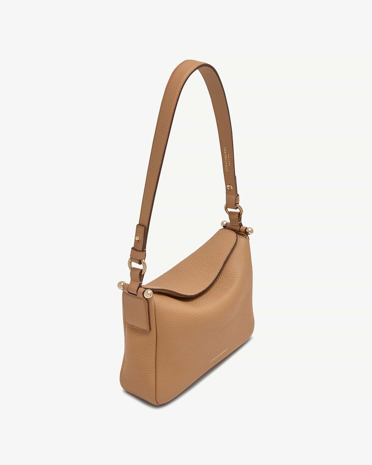 Strathberry Sway shoulder bag in caramel leather with top flap and gold hardware