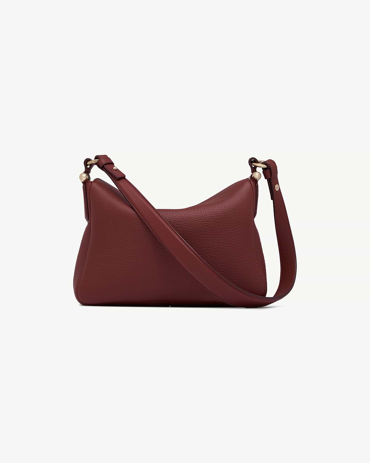 Oxblood Sway leather shoulder bag with adjustable crossbody strap and pebbled leather finish.