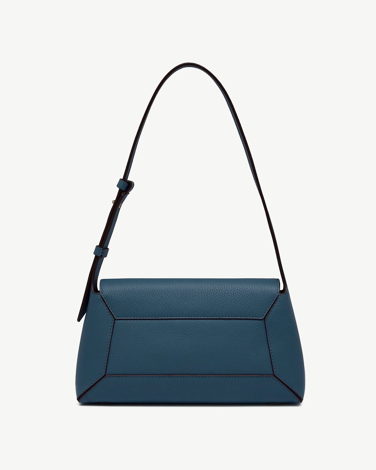 Loch blue leather shoulder bag with adjustable strap and geometric stitched panels.