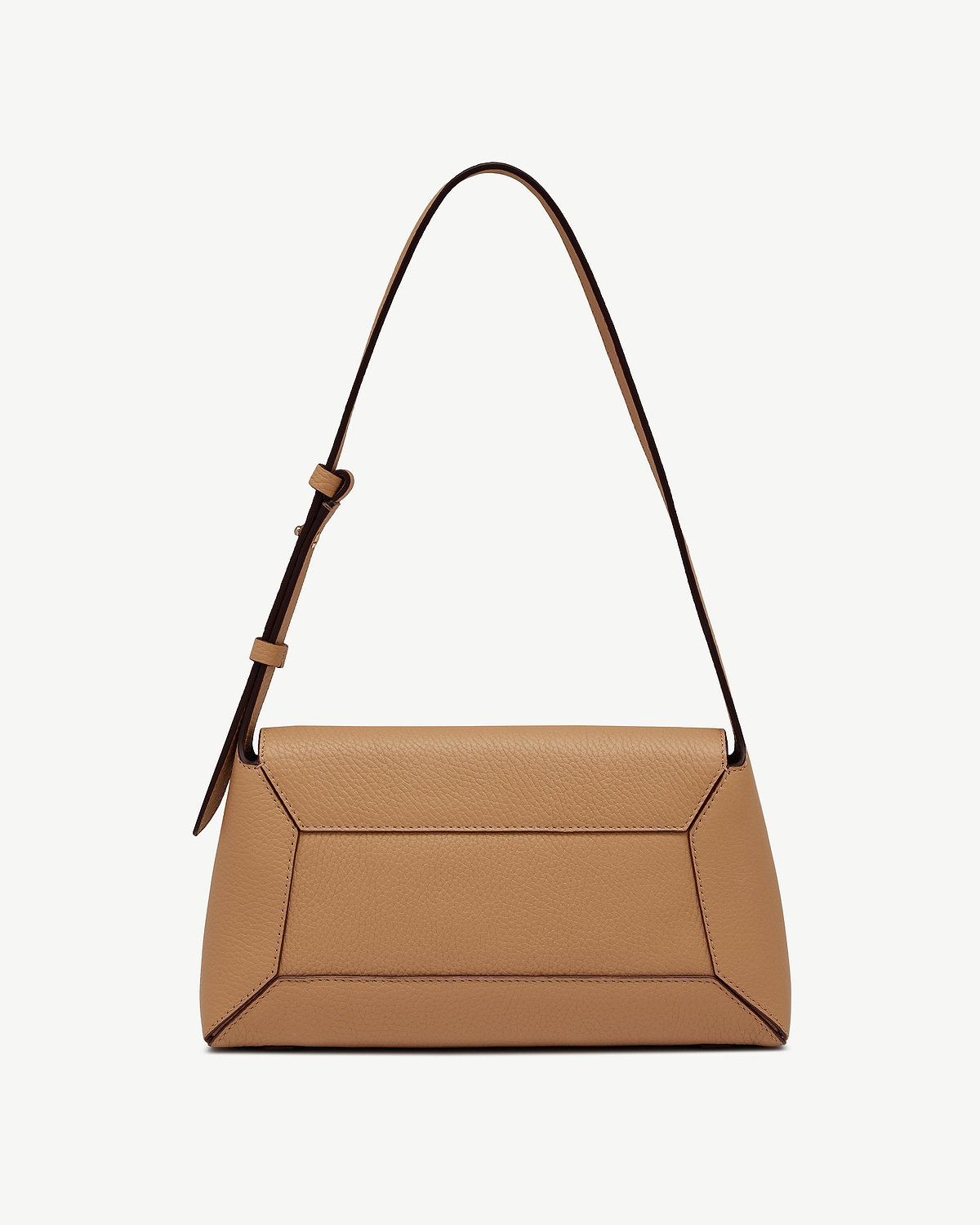Caramel leather mosaic shoulder bag with flap top and adjustable shoulder strap.
