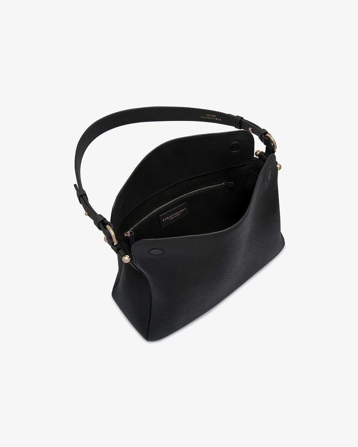 Black Strathberry Sway Maxi leather shoulder bag with open top and zip pocket.
