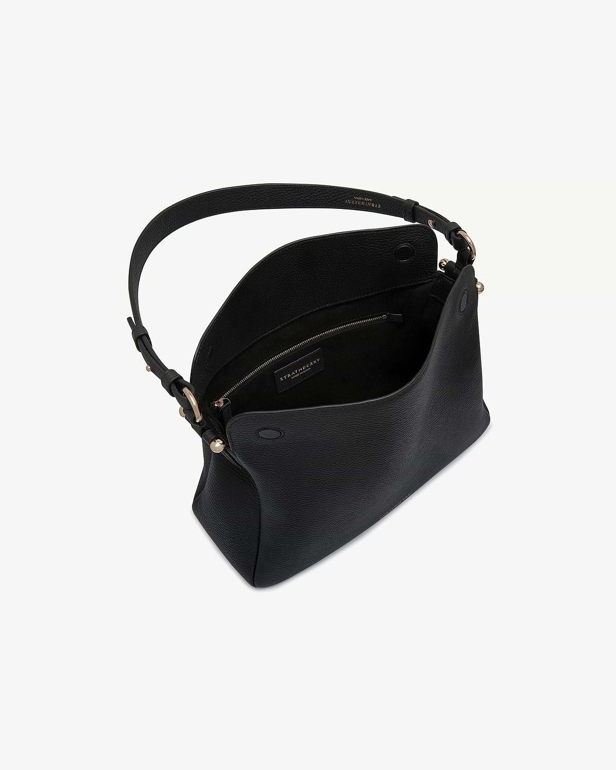 Black Strathberry Sway Maxi leather shoulder bag with open top and zip pocket.
