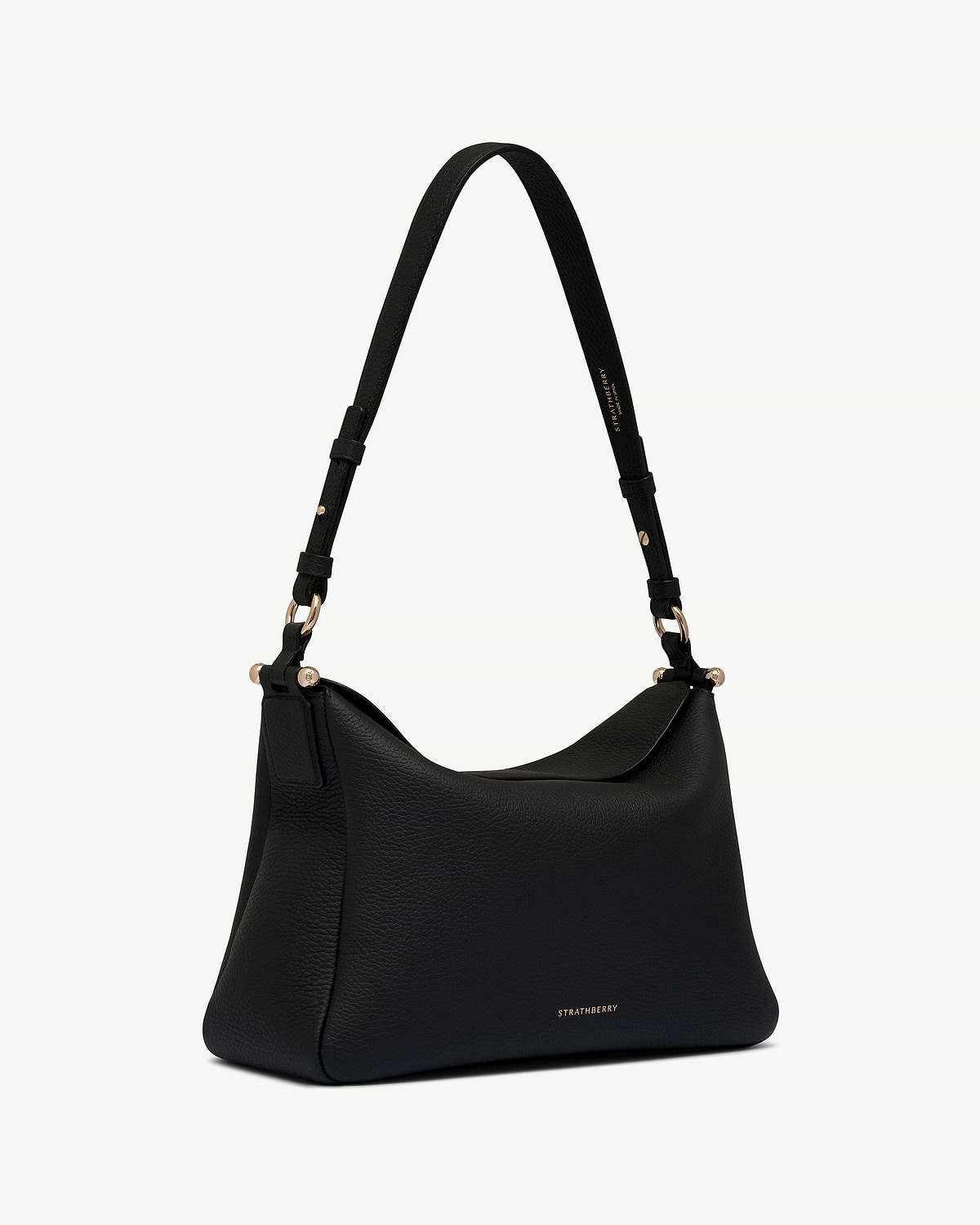 Black leather shoulder bag with gold hardware and Strathberry logo.