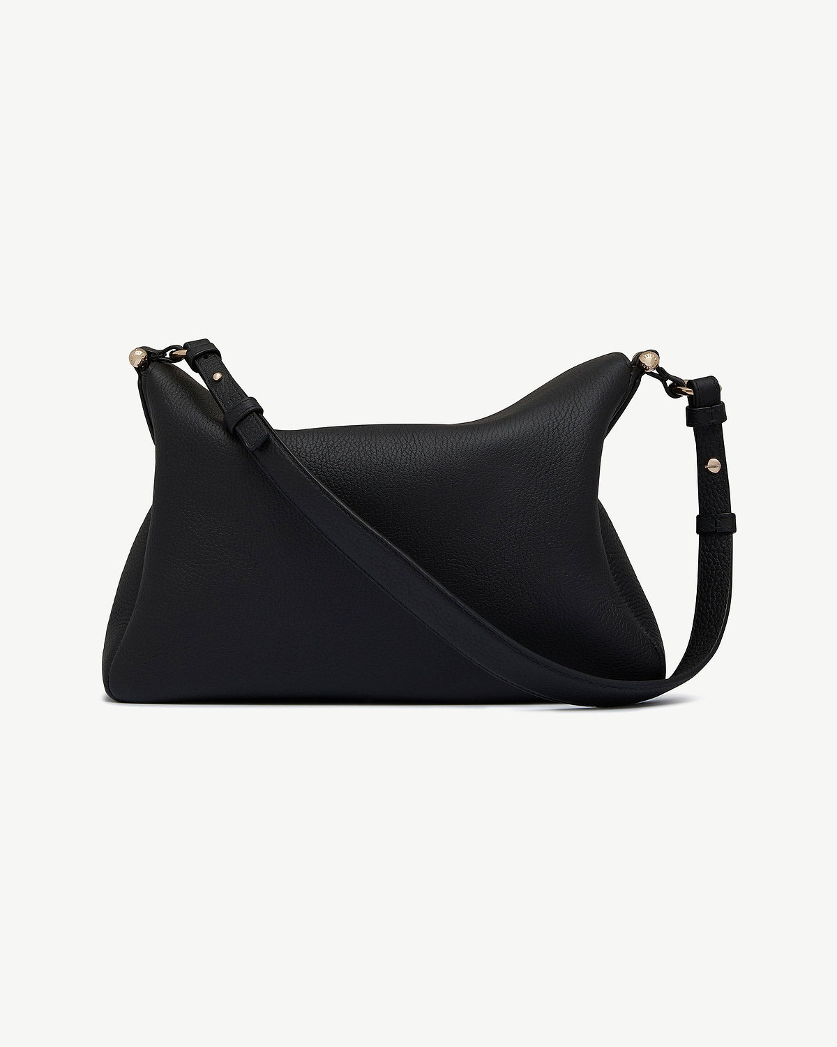 Black leather Sway Maxi shoulder bag with curved top, adjustable strap, gold fittings