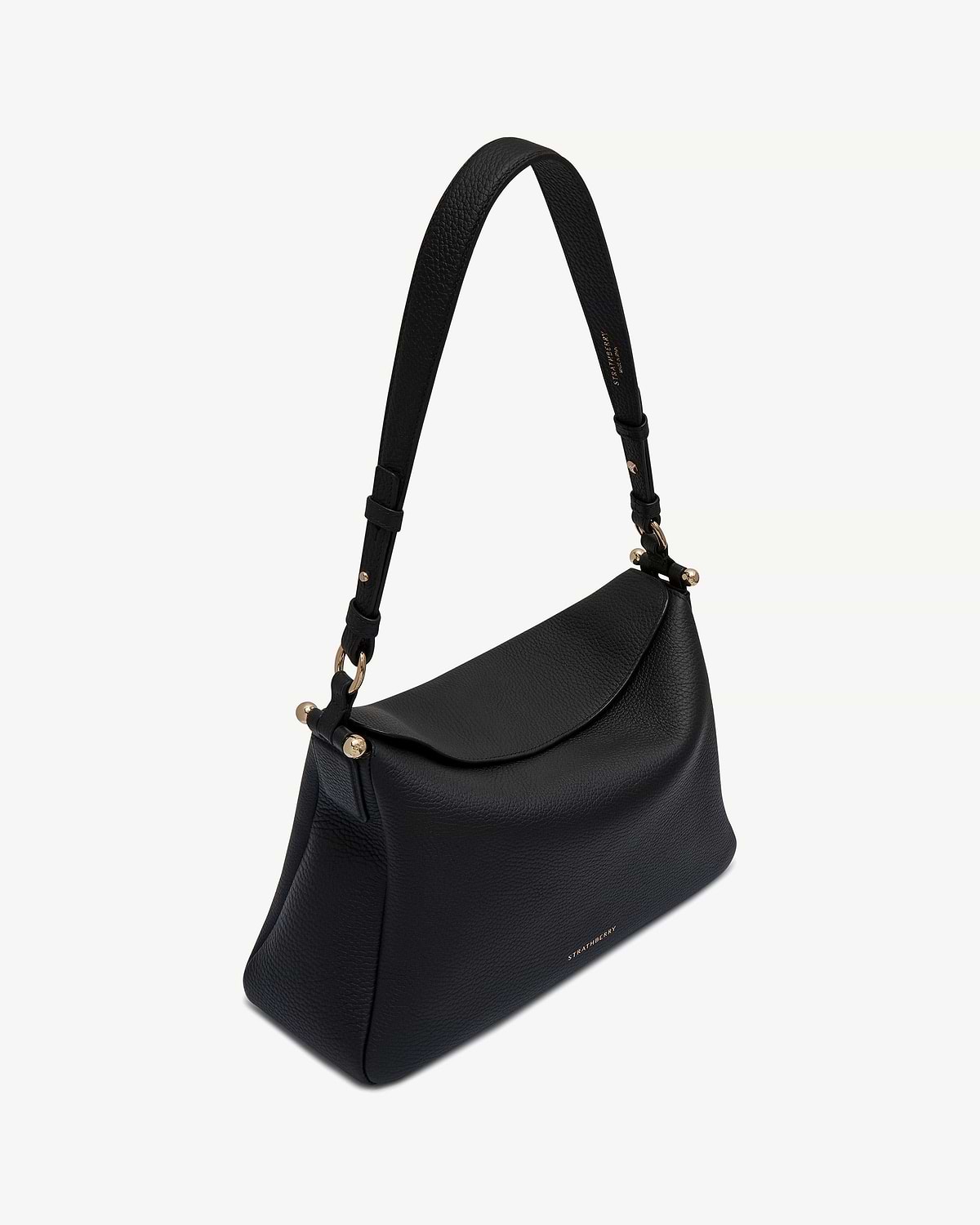 Black Strathberry Sway Maxi shoulder bag with pebbled leather and gold hardware.