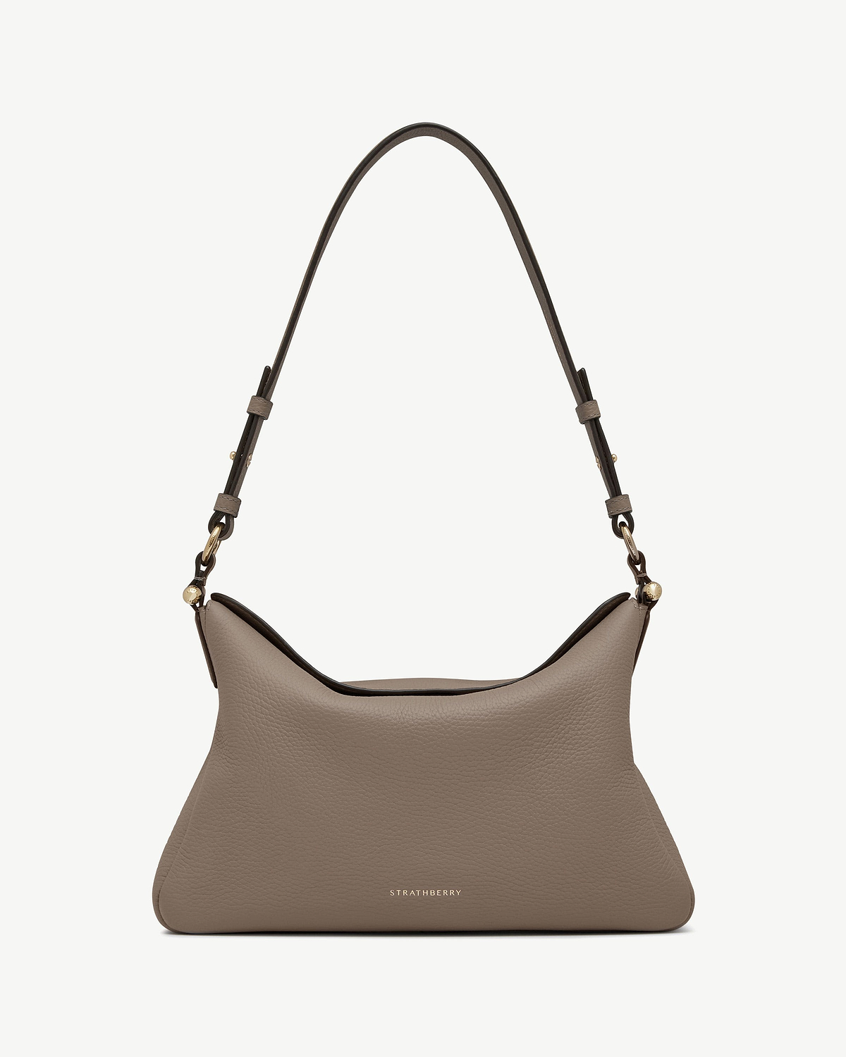 Taupe leather Sway Maxi bag with Strathberry logo and shoulder strap.