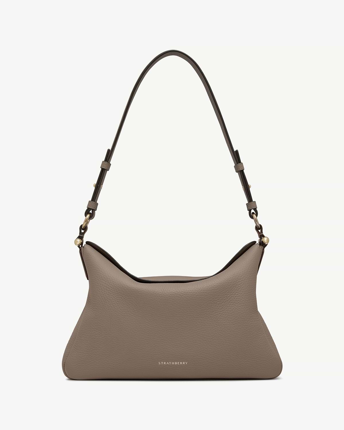 Taupe leather Sway Maxi bag with Strathberry logo and shoulder strap.