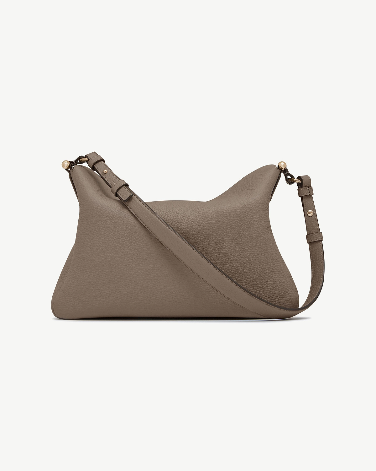 Taupe leather shoulder bag with adjustable strap and gold hardware.